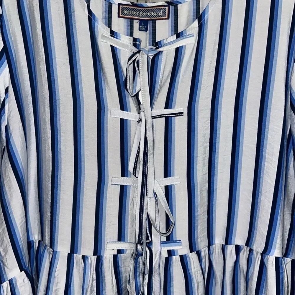 hester & orchard L White Blue Stripe Baby Doll Front Ties Quarter Sleeve Blouse - Picture 6 of 10